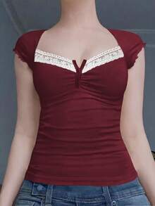 Y2K学院风女式夏季休闲蕾丝拼接圆领短袖针织T恤 - 酒紅色 - 查看 5