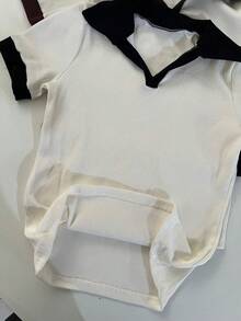 Women's Two-Tone Polo Shirt, Short Sleeve, Ribbed Cotton, Simple, Casual, Knit, Everyday Wear - 藍色 BB 露領 - 查看 4