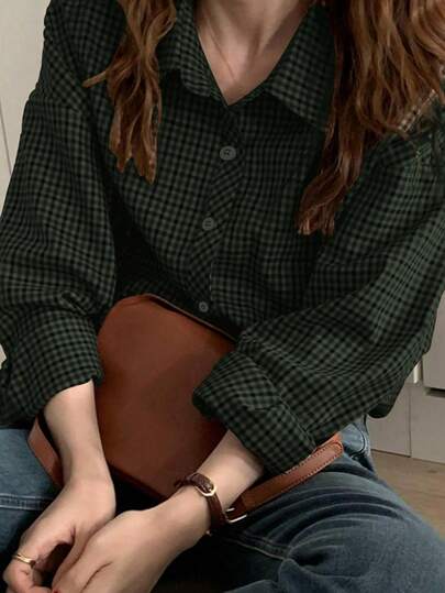 プラスサイズ レディース カジュアル/オフィス チェック柄シャツ、クラシックシャツカラー、前ボタン開閉、レギュラー丈カジュアルトップス