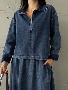 Autumn Fashion Denim Jacket & Mini Skirt Set - Dark Wash - View 2