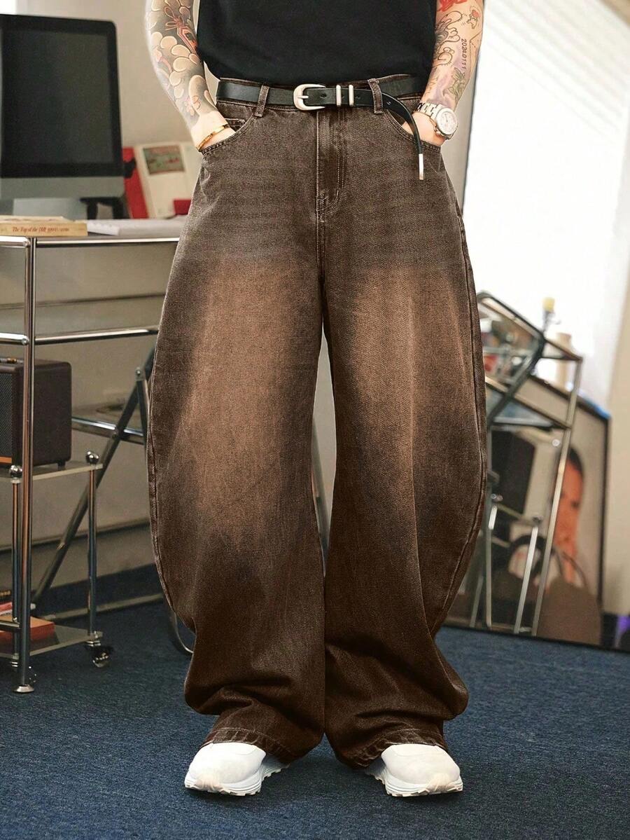 YANGCANREN 男士宽松休闲百搭阔腿牛仔裤，带口袋 - 咖啡棕 - 查看 1