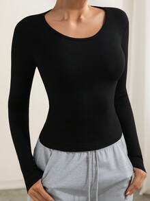Women's Ribbed Long Sleeve Tee, Versatile Basic Daily Top For Minimalist Fall Winter Style | Women's Clothing - Black - View 6