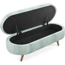 Banca Ovalada de Almacenamiento 43.5 de Alfombra de Lino Acolchada con Patas de Madera Slida para Sala de Estar/Cama/Entrada Beige - Cian - Ver 6