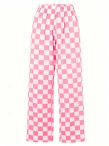 加大码粉色格子阔腿裤，带口袋，弹力针织面料，春季款 - 粉色 - 查看 3