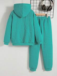 Set de 2 piezas Chaqueta con capucha con cremallera y pantalones de unicolor casual para niños, primavera/otoño - Agua verde azul - Ver 2
