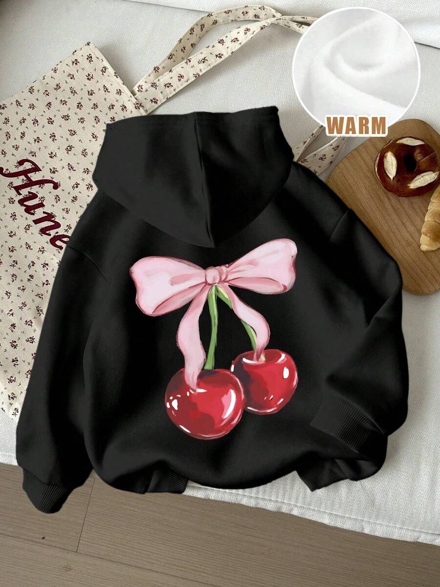 Sudadera casual para mujer con capucha, manga larga, corte holgado, abrigada, estampado de cerezas con lazo, cordón, otoño invierno, uso diario - Negro - Ver 1