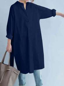 大码女式纯色纽扣半襟长袖宽松休闲长衬衫 - 霧霾藍 - 查看 4