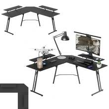 LILIIN Gaming Desk 140 X 120cm L-Shaped Gaming Table With Monitor Stand, Carbon Fiber Surface, Ergonomic Large Computer Desk, Corner Desk For Home Office - Black