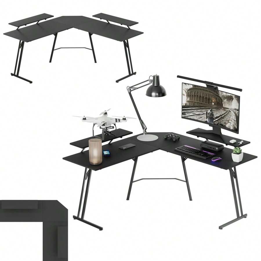 LILIIN Gaming Desk 140 X 120cm L-Shaped Gaming Table With Monitor Stand, Carbon Fiber Surface, Ergonomic Large Computer Desk, Corner Desk For Home Office - Black