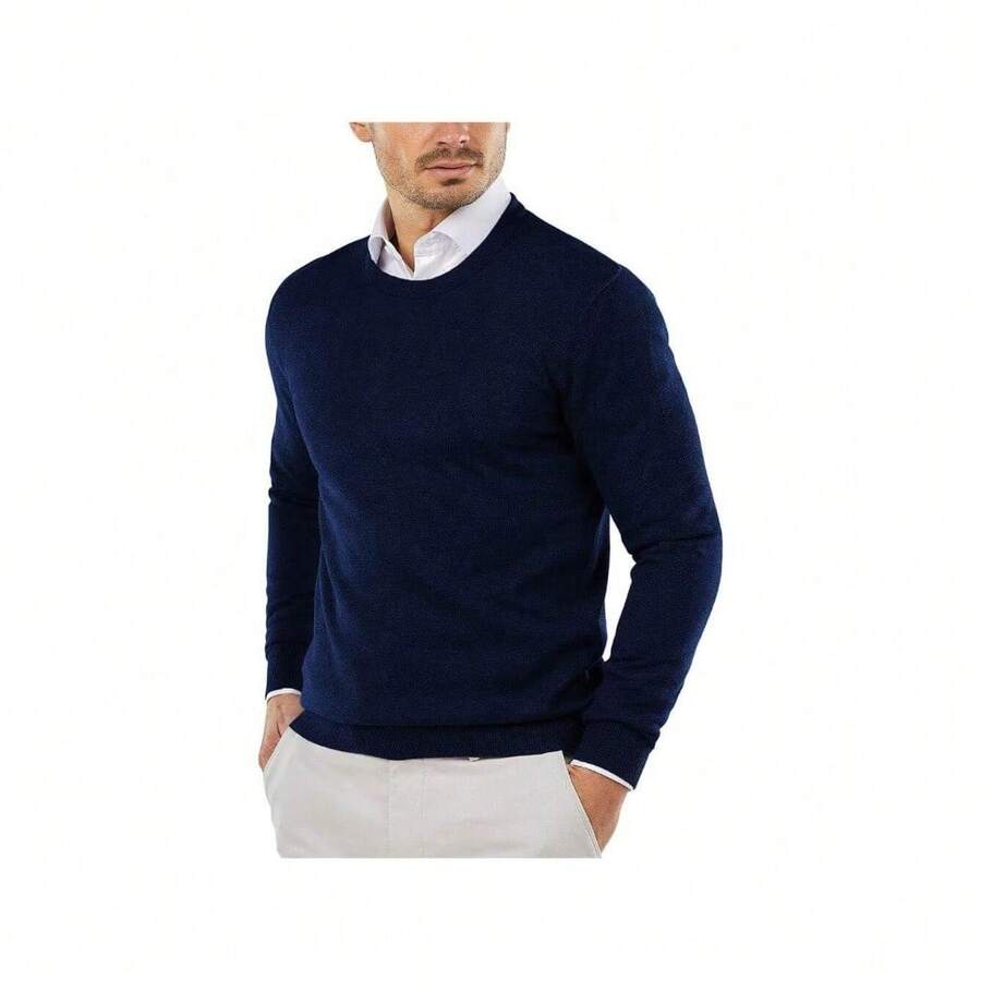 Men's Crew Neck Sweater Slim Fit Lightweight Sweatshirts Knitted Pullover For Casual Or Dressy Wear - 深藍色 - 查看 1