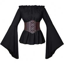 Womens Renaissance Victorian Peasant Ruffle Smocked Waist Boho Pirate Shirt Blouse With Belt Set{"Size_name":"X-Large","Color_name":"Black"} - Đen - Xem 4