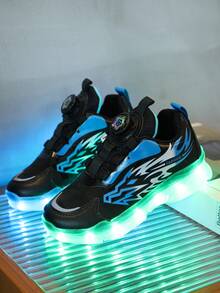 GUANGLAN USB Rechargeable 7-Color Lighting Kids Sports Shoes, Flashing Sneakers For Boys, Halloween & Christmas Gift, Rotary Buckle, Leather Upper, Suitable For Spring, Summer, Autumn, Winter, Cartoon, Toddler, Little Kid, Boys, Girls, Casual ShoeChunky Sneakers Shoes, Chunky Shoes, Black, Blue, Stylish, New, Glowing, Luminous Shoes, Baby Shoes, Street Dance Shoes, Neon Shoes - Blue - View 2