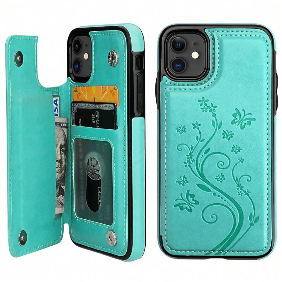 Compatible With IPhone 11 Case Wallet With Card Holder, Embossed Butterfly Premium PU Leather Double Magnetic Buttons Flip Shockproof Protective Cover For IPhone 11 6.1 Inch(Green){"Color_name":"Green"} - 多色4 - 查看 1