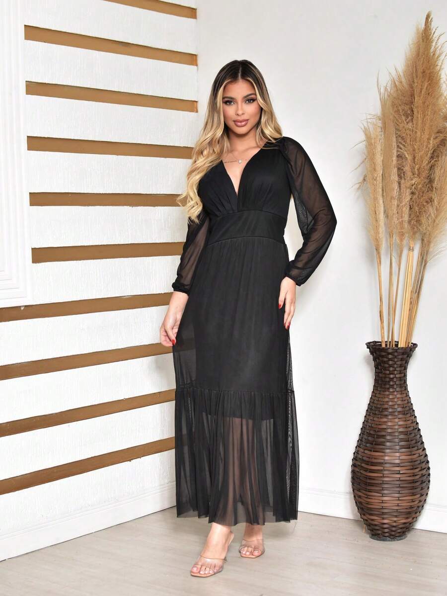 Women's Long Tulle Dress With Long Sleeves For Wedding Party - Negro - Ver 1