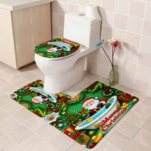 1pc/4pcs Green Christmas Shower Curtain Set: Santa Claus Bathtub Gift Theme, Elegant Housewarming Shower Curtain Gift, Modern Home Bathroom Decor Curtain, Shower Curtain With 12 Hooks, Non-Slip Bath Mat, U-Shaped Toilet Mat, Toilet Lid Cover, Bathroom Decor Set