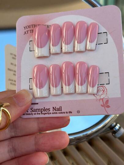 10 pezzi di adesivi per unghie riutilizzabili fatti a mano - unghie finte di forma quadrata di media lunghezza, a punta francese, di colore rosa e bianco lucido, adatte per donne, per andare al lavoro e per uso casual, design elegante e minimalista, adesivi per unghie, manicure professionale, adesivi di alta qualità. Manicure francese classica e carina, adatta per donne e ragazze per uso quotidiano e per feste. Unghie finte lunghe e a copertura totale, con kit per la manicure, ottimo regalo per forniture per unghie di donne e ragazze