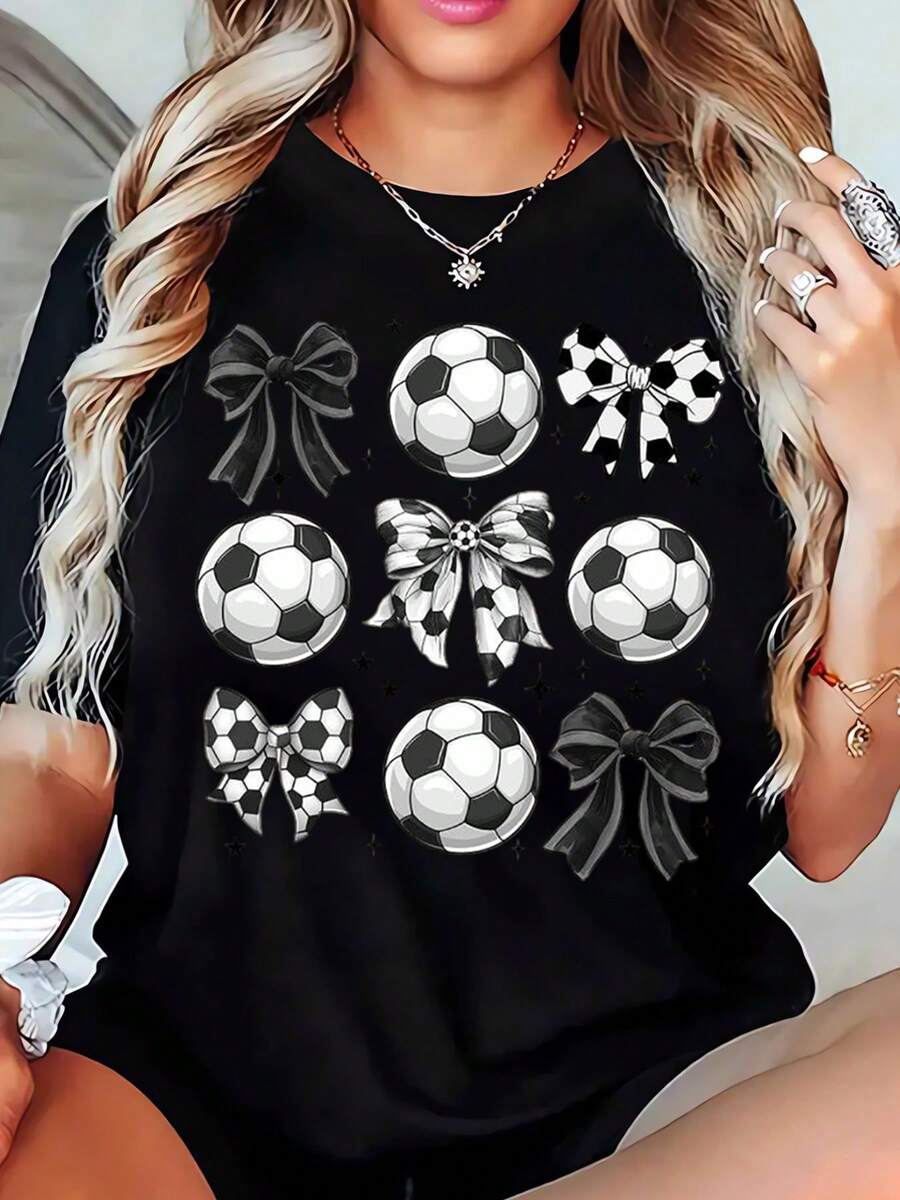 Soccer Ball And Bow Print Women's Casual T-Shirt For Sports Fans, Perfect For Football Season, Birthday, Or Team Spirit Events,220g - 黑色 - 查看 1
