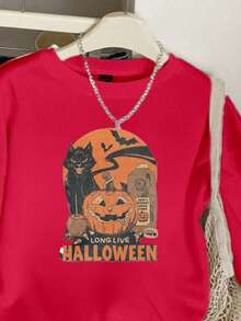 Sudadera moderna juvenil estampada Halloween con calabaza y gato negro – cómodas, versátiles y de moda - Rojo - Ver 2