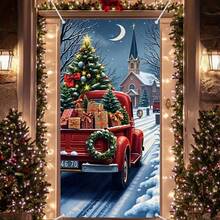 ديكور باب عيد الميلاد - شاحنة حمراء وثلج، ديكور جداري للأعياد مناسب للاحتفالات الداخلية والخارجية، عيد الميلاد