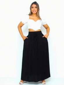Women's Long Viscolinho Skirt With Pockets And Side Slit, Evangelical Fashion, Lined, Casual Fashion, High Waist - màu đen - Xem 2