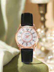 LuckyFox 女士时尚水钻阿拉伯数字表盘石英表，优雅手表适合日常搭配、通勤、约会、生日、节日、精美礼物 - 黑色 - 查看 3