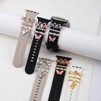 Set de 8 anillos decorativos de aleación de zinc para bandas de reloj, con decoración de mariposa/estrella de rhinestone, adecuado y compatible con bandas de (bandas de reloj no incluidas)