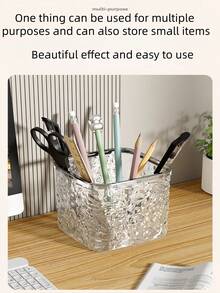 1 Piece Mini Plastic Trash Can With Sliding Lid, Small Desktop Waste Bin For Home, Office, Kitchen, Vanity, Bedroom, Bathroom (Transparent) Luxury Desktop Trash Can With Pop-Up Lid And Glacier Pattern