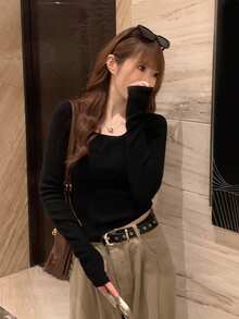 女式新款春秋修身高领针织毛衣，高品质分层上衣 - 黑色 - 查看 1