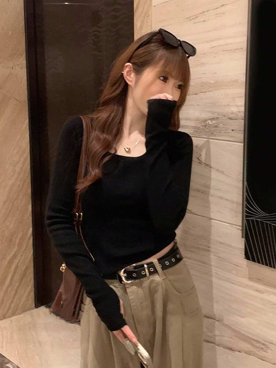 女式新款春秋修身高领针织毛衣，高品质分层上衣 - 黑色 - 查看 1