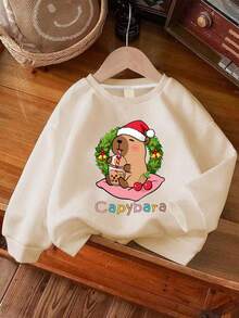 Young Girl Long Sleeve Crew Neck Pullover With "CAPYBARAS" Print, Comfortable And Stylish, Casual And Versatile - Apricot - View 1
