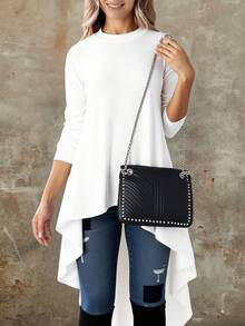 Blusa túnica, para mujer estilo moderno minimalista tela elástica sin estampado corte holgado cuello redondo manga larga primavera otoño para uso diario - Blanco - Ver 2