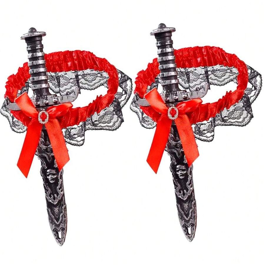2 Pcs Pirate Sword With Lace Bow Womens Pirate Costume Toy Sword With Thigh Garter Pirate Costume Women Pirate Accessories{"Color_name":"Red-Grey"} - Đỏ xám - Xem 1