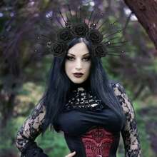 Halloween Halo Crown Gothic Black Roses Spiked Sun Headpiece Mexican Day Of The Dead Flower Goddess Headband For Women Halloween Cosplay Make Up Accessories
