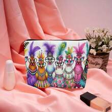 1 pieza Cartera con forma de gallina - Bolsa de maquillaje divertida de pollo con cremallera, neceser de lino ligero con plumas y cuentas con decoración de pollo, bolsa de aseo de doble cara impresa para viajes y monedero - Regalo de cumpleaños/Navidad/Día de San Valentín para mujeres, bolso de fiesta para uso diario o en ocasiones especiales (colores vibrantes, tela duradera, diseño elegante de gallina, cremallera segura, compacto y portátil)
