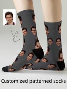 1 Pair Customized Face Design Unisex Mid-Calf Socks, Personalized Socks With Photo & Text Logo, Interesting Custom Portrait Socks For Men & Women, Suitable For Daily Wear, Holidays, Birthdays, Couple & Wedding Gifts - Multicolor - View 3