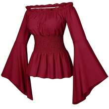 Womens Renaissance Victorian Peasant Ruffle Smocked Waist Boho Pirate Shirt Blouse With Belt Set{"Size_name":"3X-Large","Color_name":"Red"} - Red - View 7