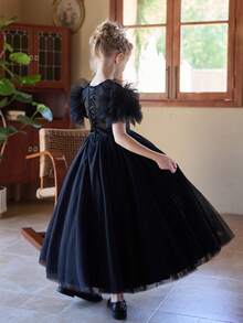 Robe de cocktail noire ajustable à jupe bouffante sans dos, convenant pour les adolescentes, adaptée aux fêtes, demoiselles d'honneur, anniversaires - Noir - Voir 4