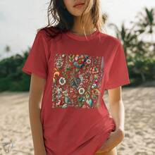 Camiseta Feminina Estampada | Arte Botânica de Flores e Folhagens - Vermelho - Visão 1