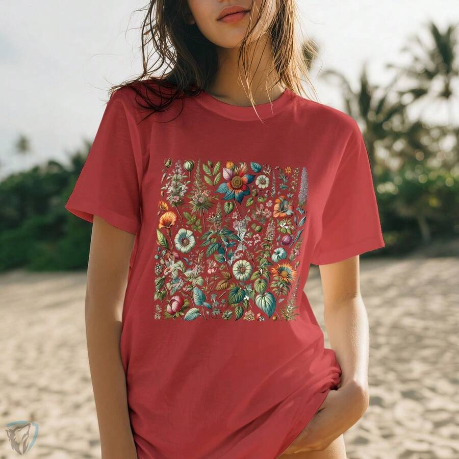 Camiseta Feminina Estampada | Arte Botânica de Flores e Folhagens - Vermelho - Visão 1