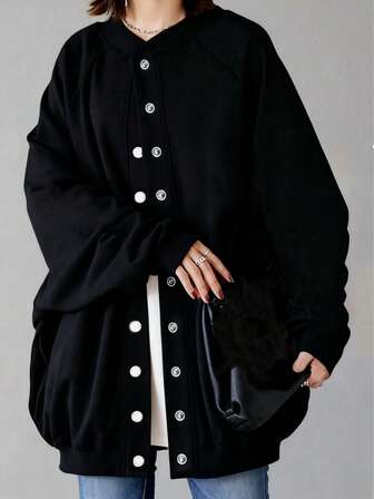 Plus Size Black Knitted Shacket With Round Neck Long Raglan Sleeves And Button Front Details Regular Length