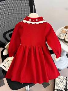 1 件年轻女孩时尚勃艮第长袖连衣裙，双层荷叶边串珠圆领公主裙，荷叶边下摆毛衣裙 - 紅色 - 查看 5