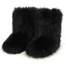 Women's Furry Faux Fur Boots Fuzzy Fluffy Mid Calf Snow Boots Suede Warm Fur Lined Booties Flat Fashion Boots