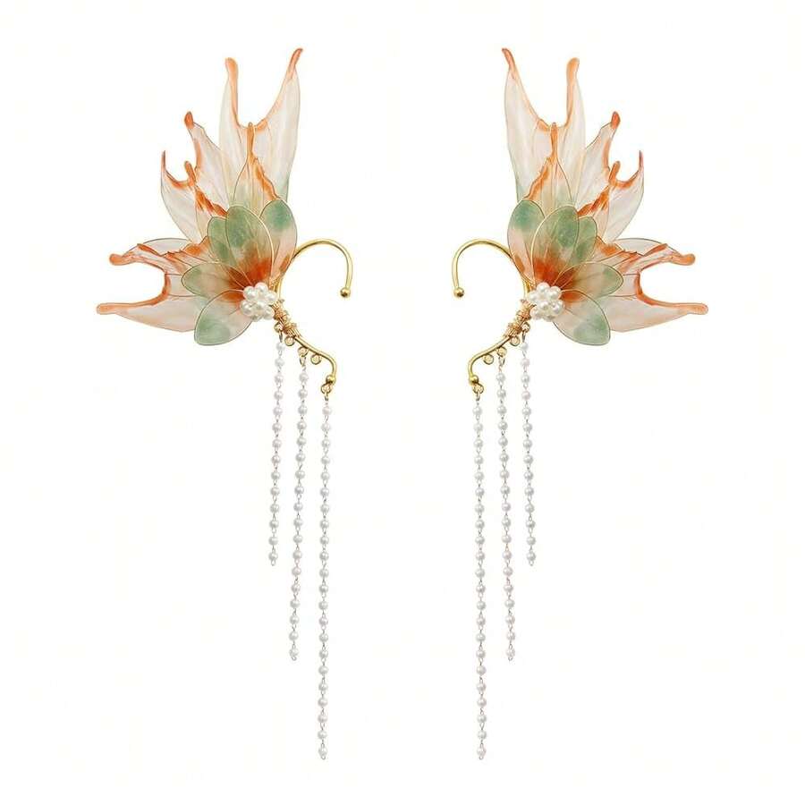Stunning Mermaid Elf Ear Cuffs With Pearl Tassel, Non Piercing Elven Wrap Clip On Earring For Anime Cosplay Costumes, Halloween Mermaid Accessories Women Men{"Color_name":"Orange","Size_name":"OneSize"} - 橘子 - 查看 1
