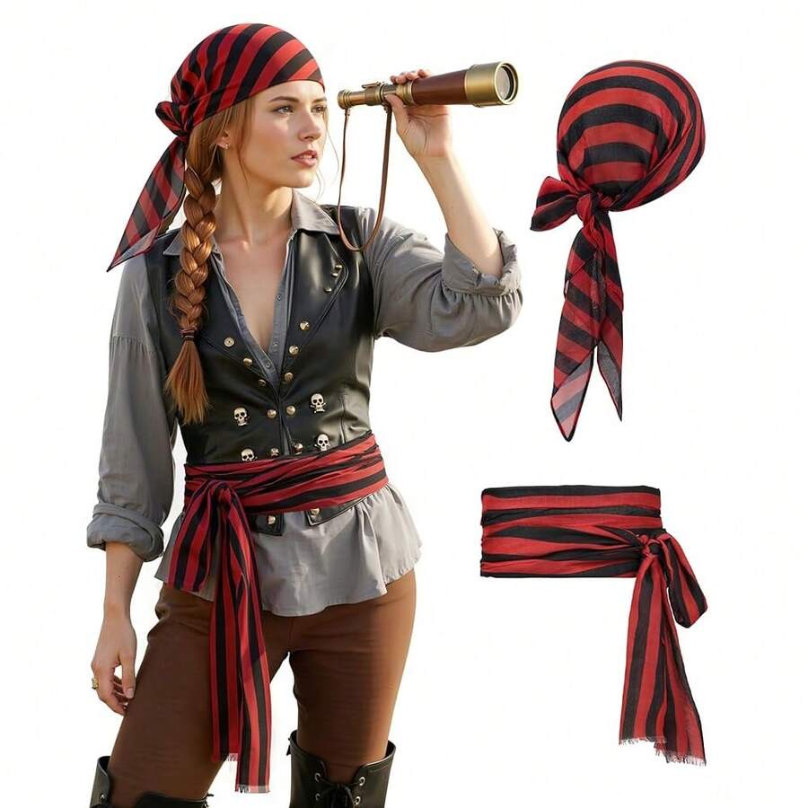 Zando Pirate Accessories Women Men Teens - Pirate Bandana Head Scarf Hat Belt Sash For Halloween Renaissance Themed Cosplay{"Size_name":"OneSize","Color_name":"01RedandBlackStripe"} - 01RedandFBlackstripe - 查看 1