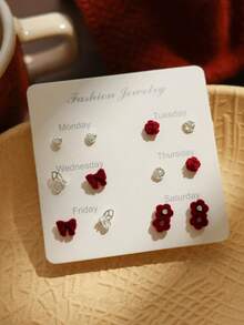 6 对植绒耳钉套装，安卡拉红复古优雅简约几何心形耳环套装，秋冬 - 酒紅色 - 查看 7
