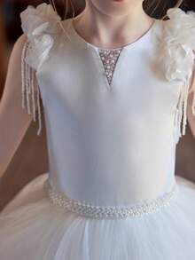 长款优雅白色花童连衣裙，蓬松薄纱女童裙 - 白色 - 查看 8