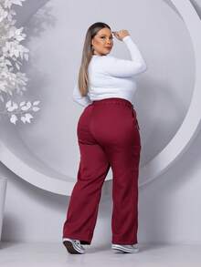 PLUS SIZE WIDE LEG HIGH WAIST PANTS WITH CARGO POCKET - 酒紅色 - 查看 6