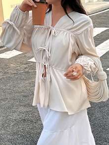 1pc Women Versatile Non-Skin-Tone Essential Item, Tie-Up Design Loose Shirt - Apricot - View 3