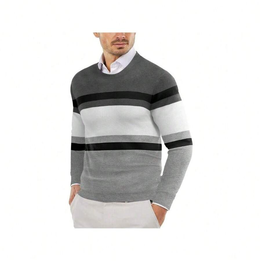 Men's Crew Neck Sweater Slim Fit Lightweight Sweatshirts Knitted Pullover For Casual Or Dressy Wear - Xám/Trắng - Xem 1