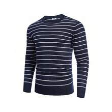 Men's Crew Neck Sweater Slim Fit Lightweight Sweatshirts Knitted Pullover For Casual Or Dressy Wear - 橫條紋白色和海軍藍 - 查看 2